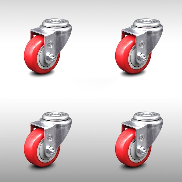3.5 Inch SS Red Polyurethane Wheel Swivel Bolt Hole Caster Set